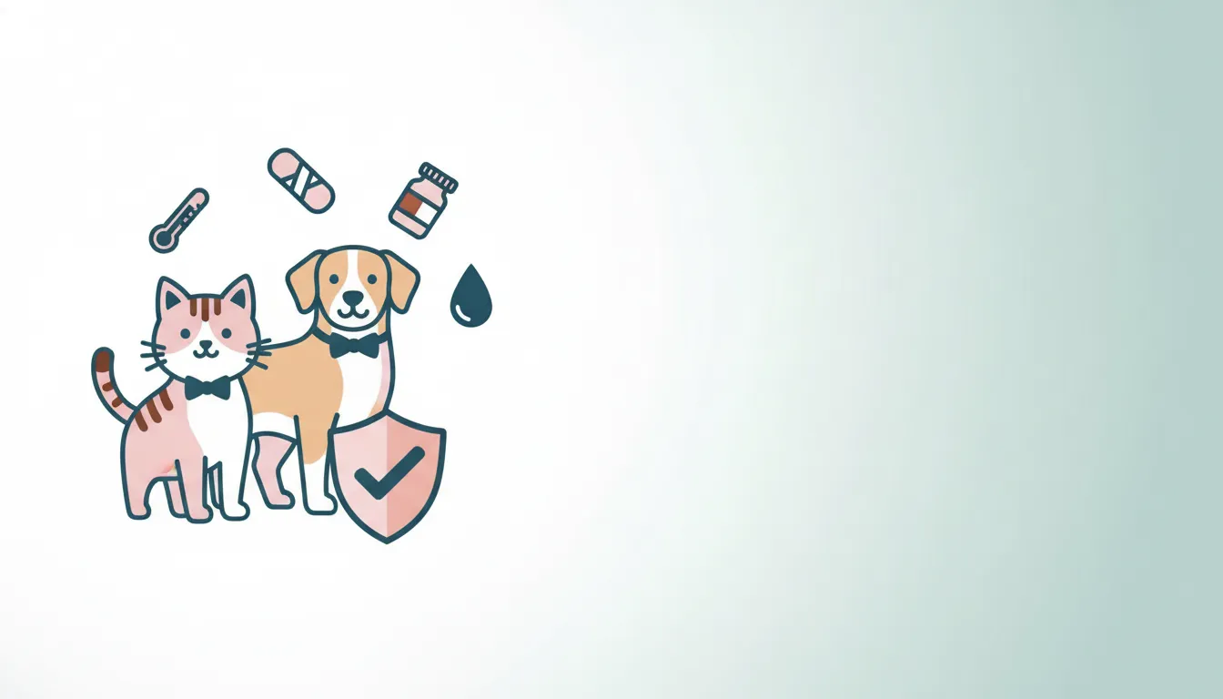 Cat and dog beside a shield and medical icons for illness-only pet insurance coverage.