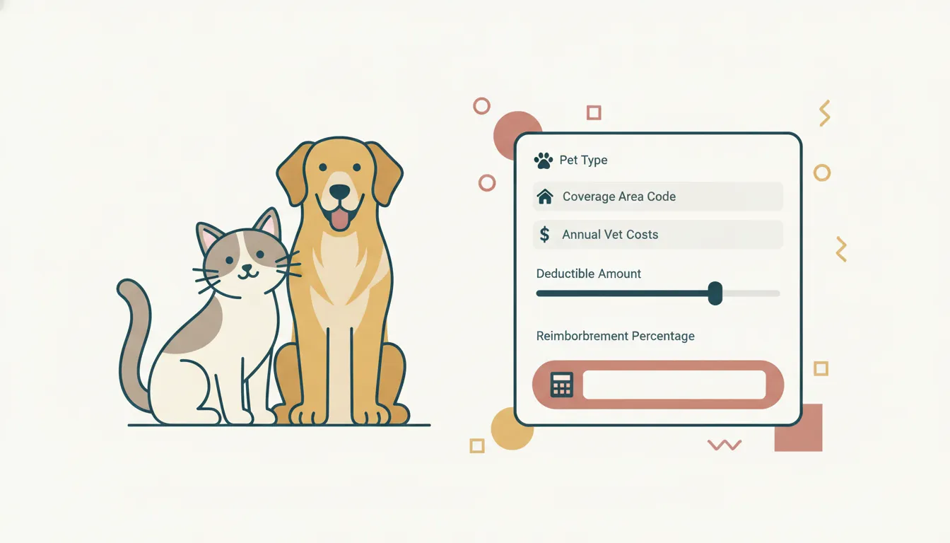 Cat and dog beside a pet insurance deductible calculator showing coverage, vet costs, and reimbursement.