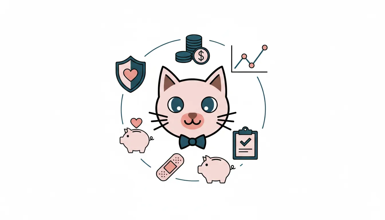 Cat beside piggy banks, shield, coins, chart, and checklist representing pet insurance for cats.