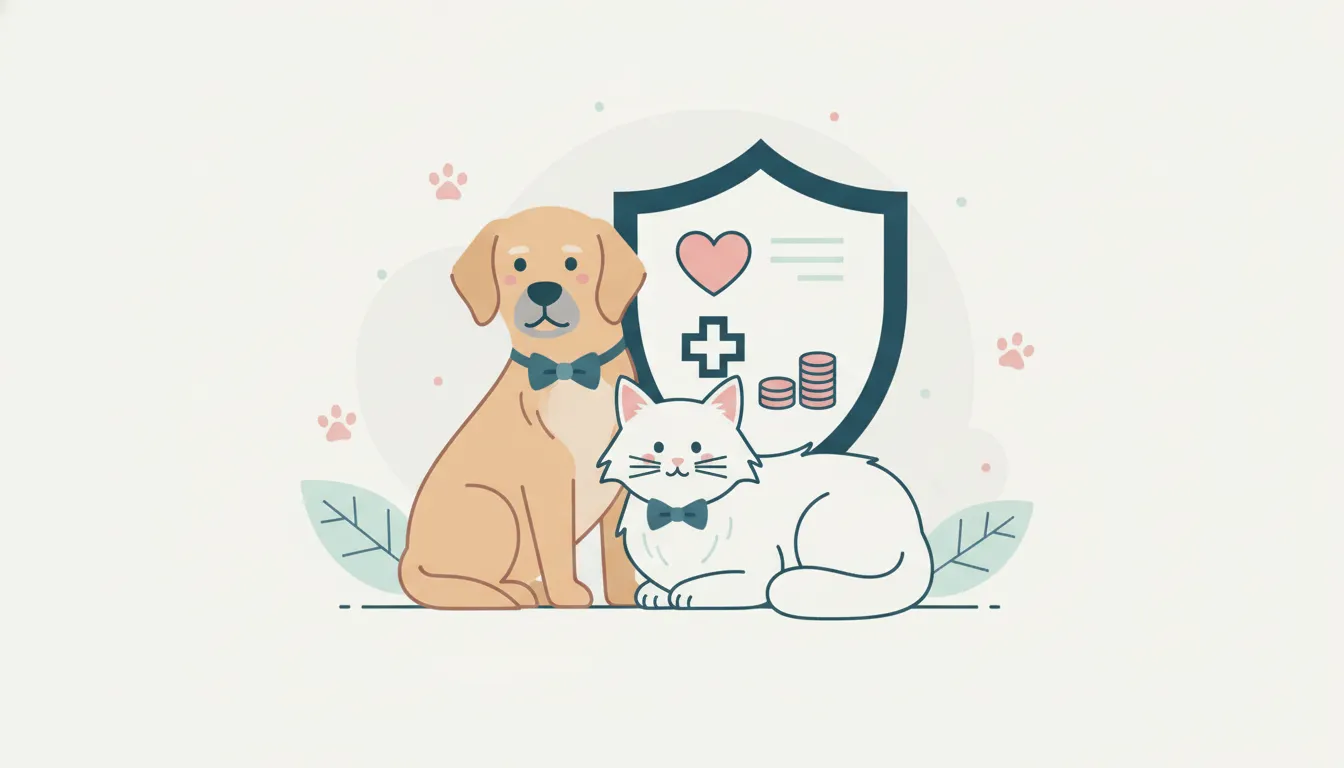Dog and cat beside a shield representing pet insurance for older pets.