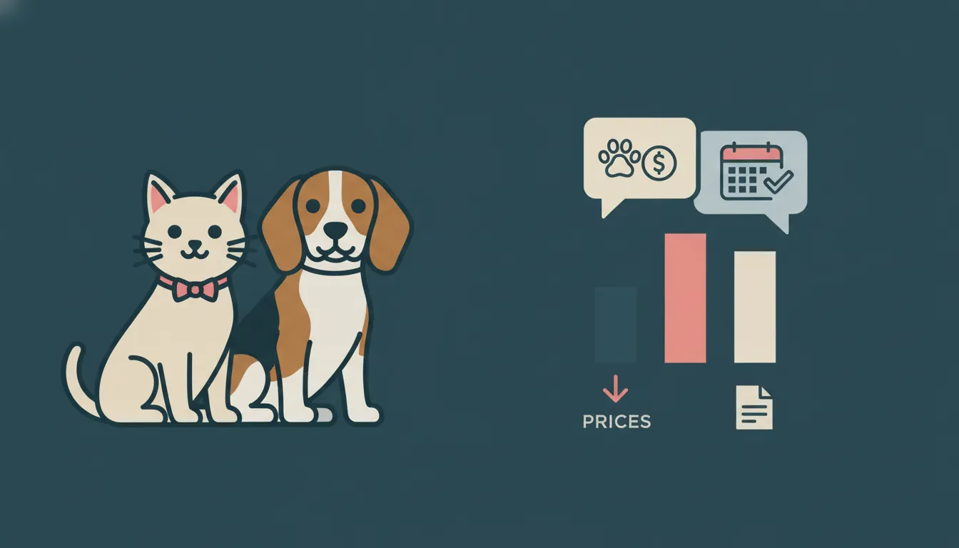 Cartoon cat and dog beside pet insurance quotes and plan comparison icons.