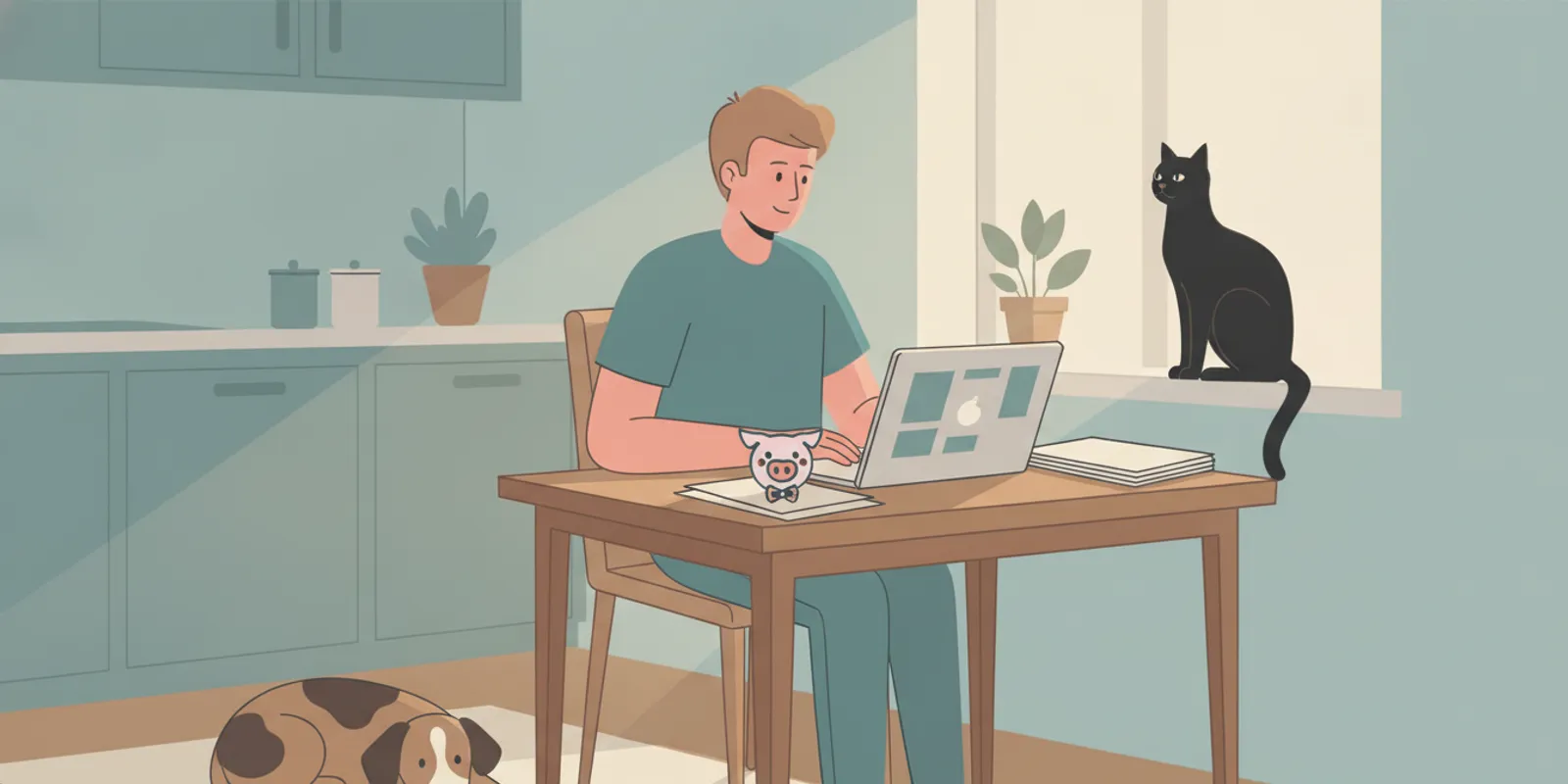 Pet owner reviewing insurance information beside a relaxed dog and cat