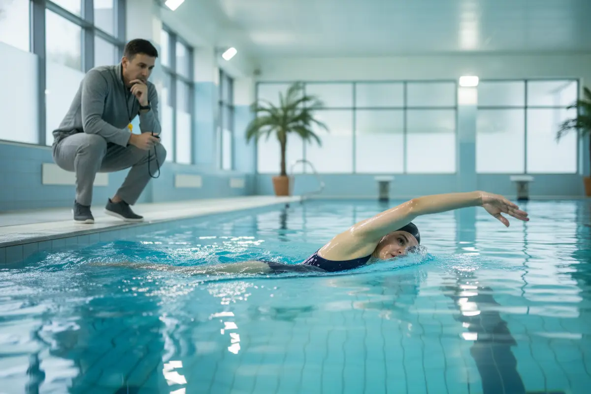 Adult swimmer practicing a controlled stroke with a coach observing from poolside