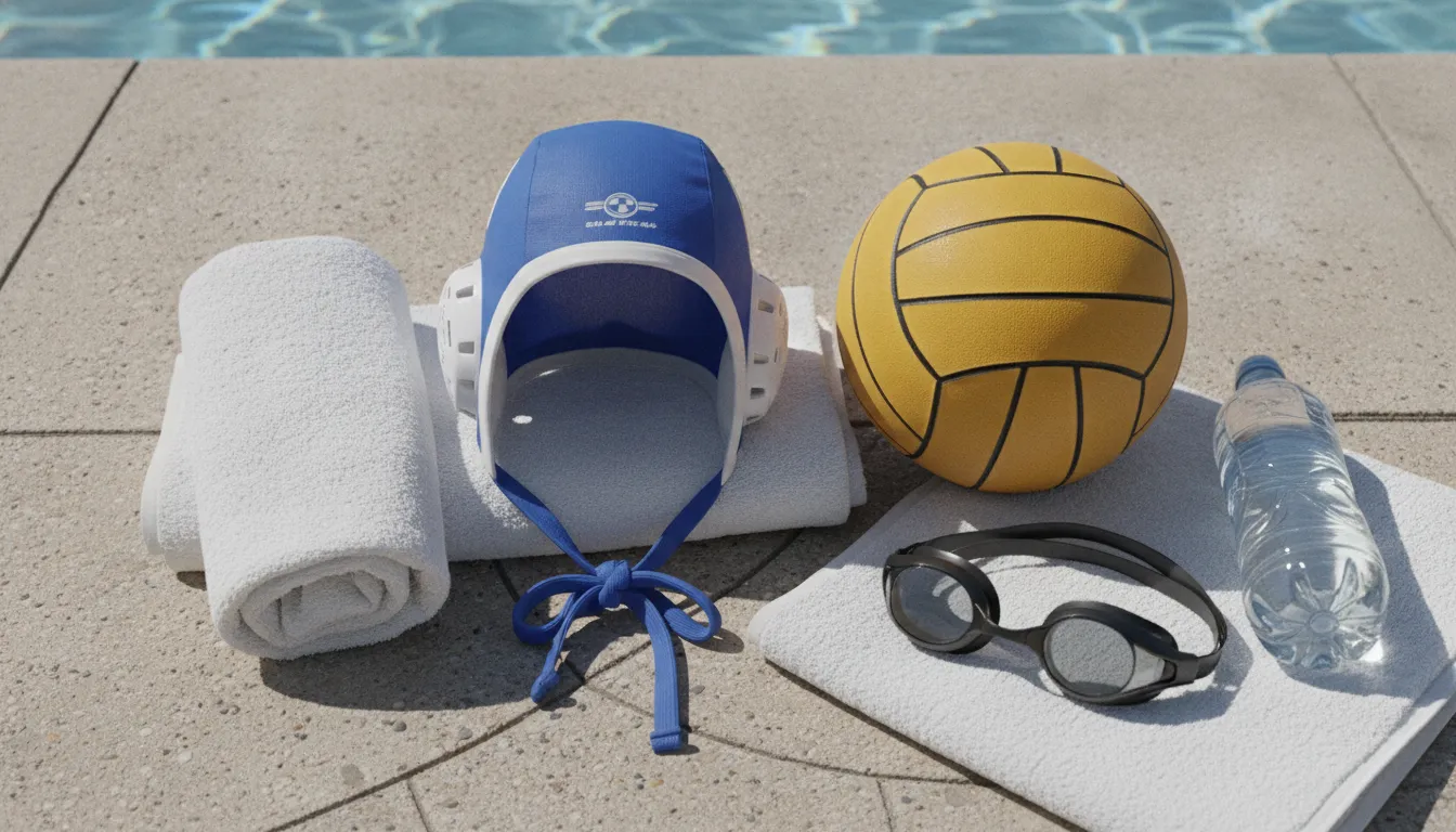 Water polo cap with protective ear guards and chin ties