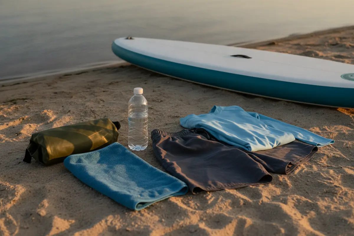 Dry bag, towel, water bottle, and swim-active clothing beside a paddle board