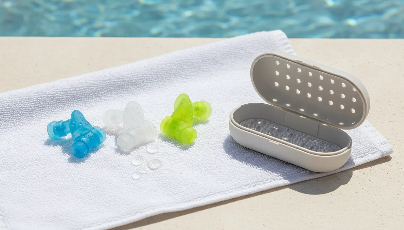 Reusable swimming ear plugs air drying beside a clean storage case