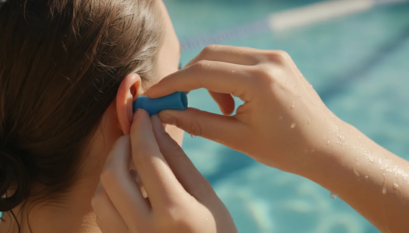 Swimmer correctly fitting a silicone swimming ear plug before entering the pool