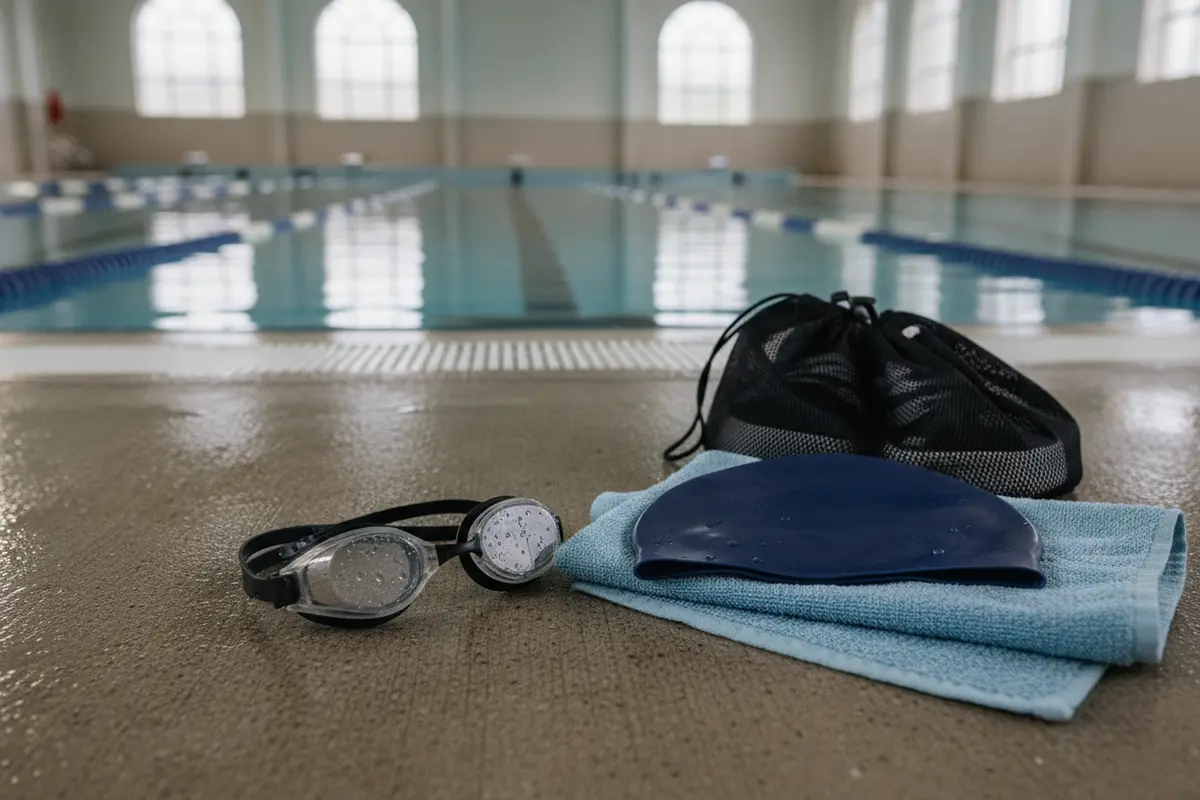Goggles, swim cap, towel, and mesh bag arranged as an artistic swimming practice kit