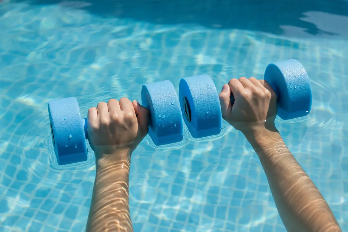 Hands holding foam aquatic dumbbells in a swimming pool