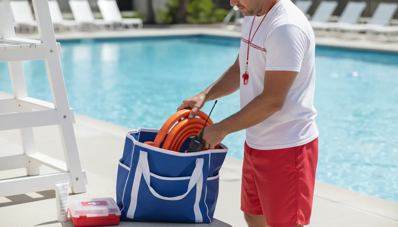 Lifeguard preparing rescue equipment for a pool shift