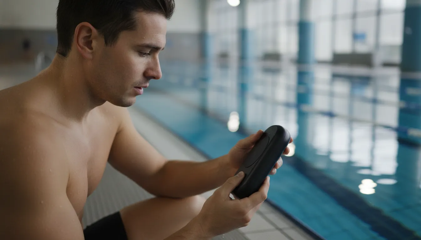 Swimmer using wearable swim training equipment beside an indoor pool