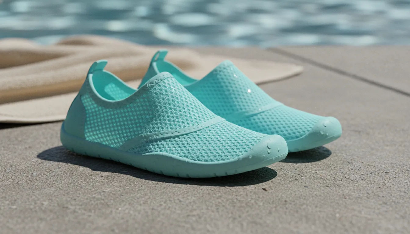 Swim shoes on a wet pool deck beside beach gear