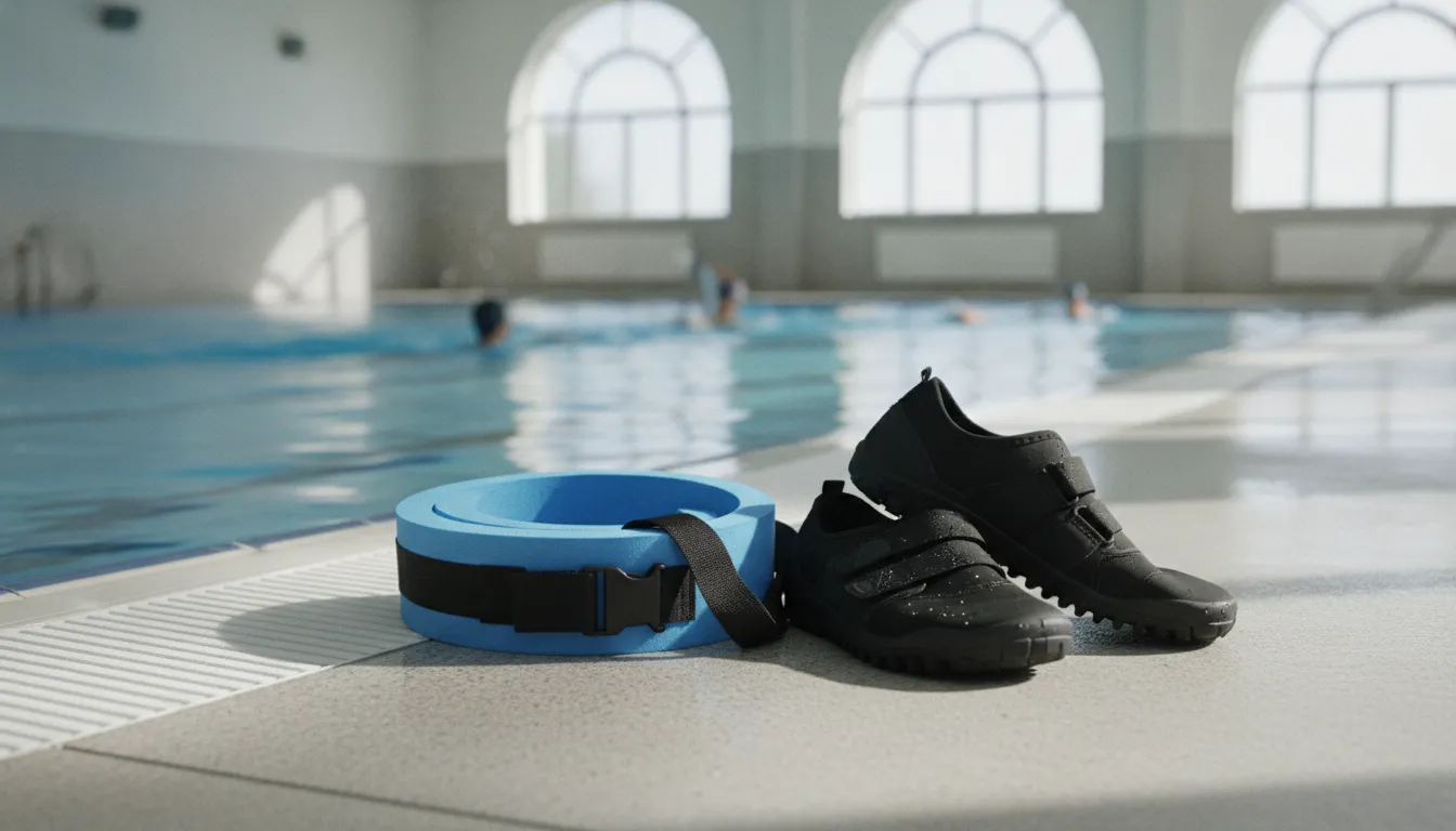 Aqua jogging belt and water-running footwear beside a pool