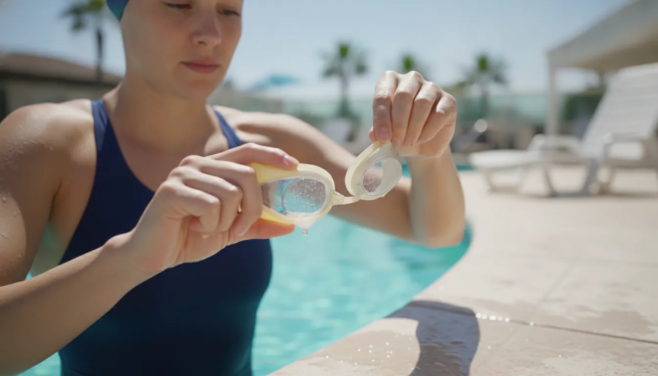 Swimmer applying baby shampoo to swim goggles as anti-fog treatment at poolside