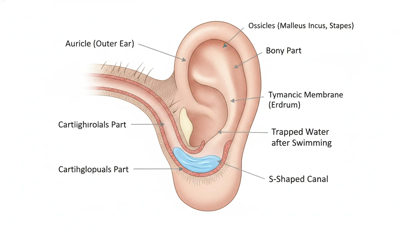Medical diagram showing the S-shaped ear canal where water gets trapped after swimming