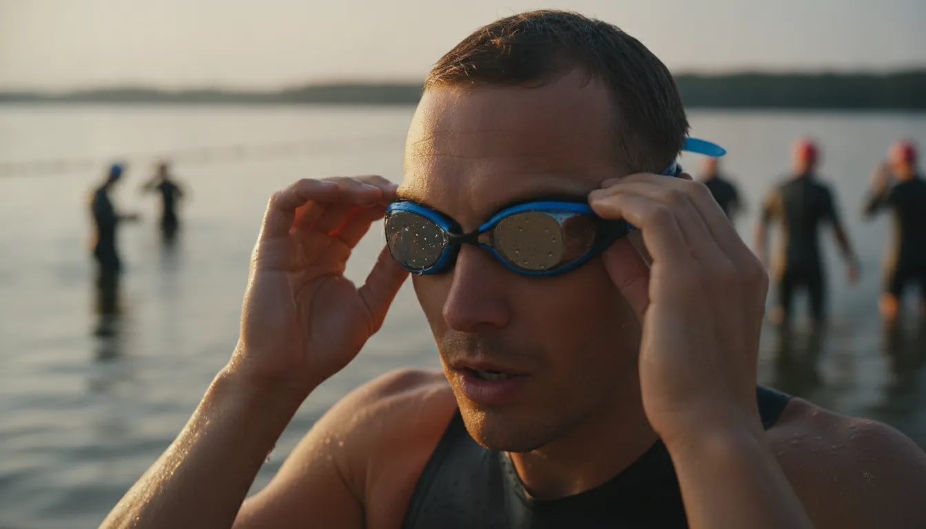 A competitive triathlete wearing low-profile triathlon goggles to ensure a secure fit before an open-water swim