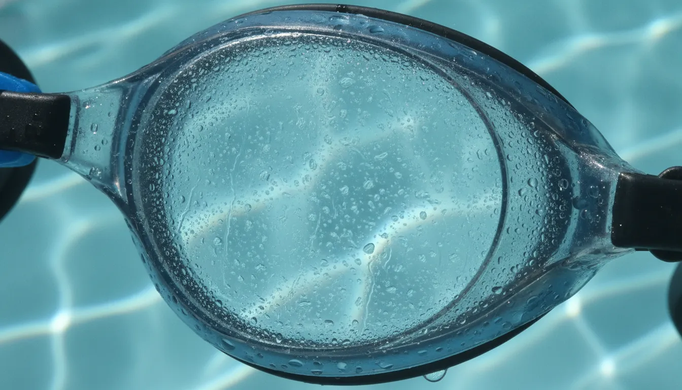 Close-up view of foggy swim goggles showing condensation droplets on lens surface