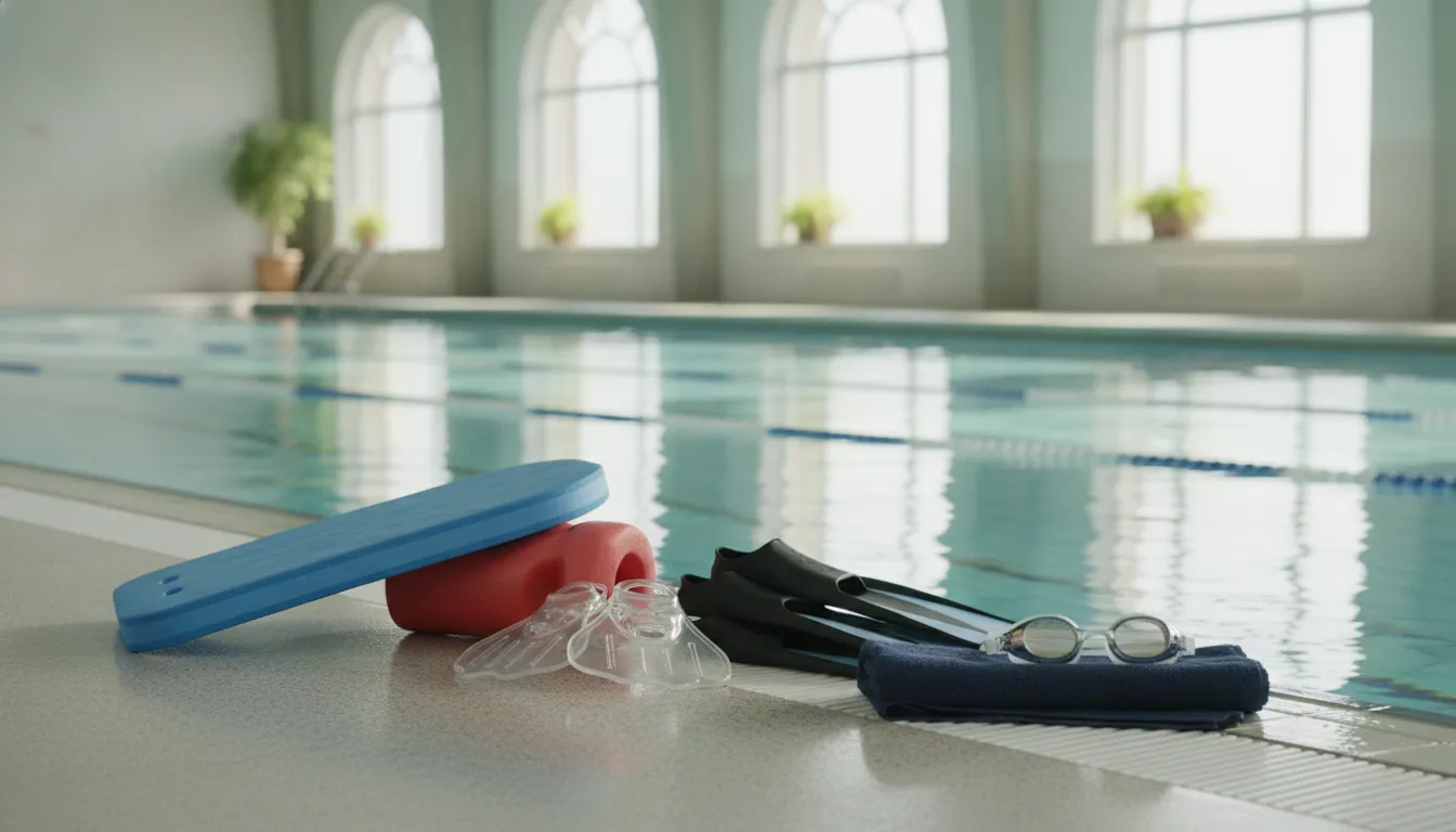 Swim training equipment beside an indoor lap pool