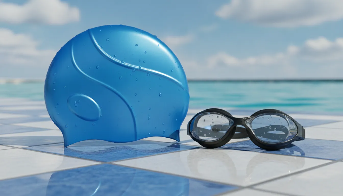 Silicone and latex swim caps on wet poolside next to goggles