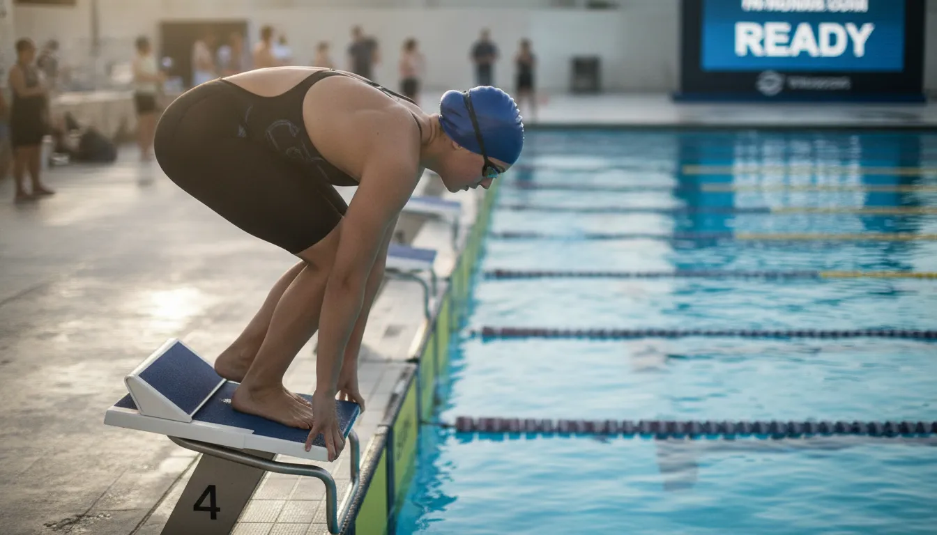 Female swimmer wearing a dome racing swim cap and goggles at the starting block