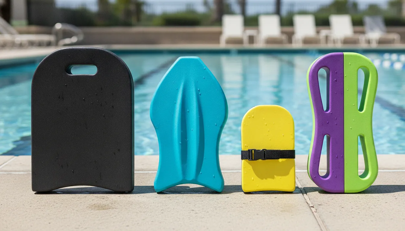 Four types of swim kickboards: traditional tombstone, contoured arrowhead, alignment board with strap, and combo kickboard-pull buoy