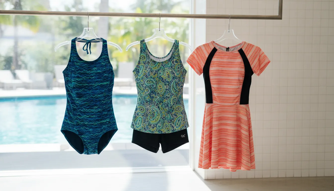 One-piece, tankini, swim dress, high-neck, and two-piece swimsuit styles for water aerobics