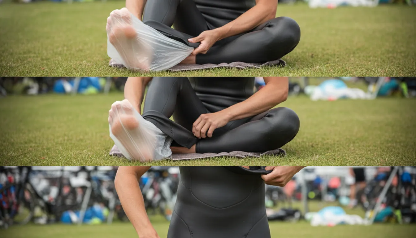 Triathlete using plastic bags to slide feet into a triathlon wetsuit, step-by-step suiting up process