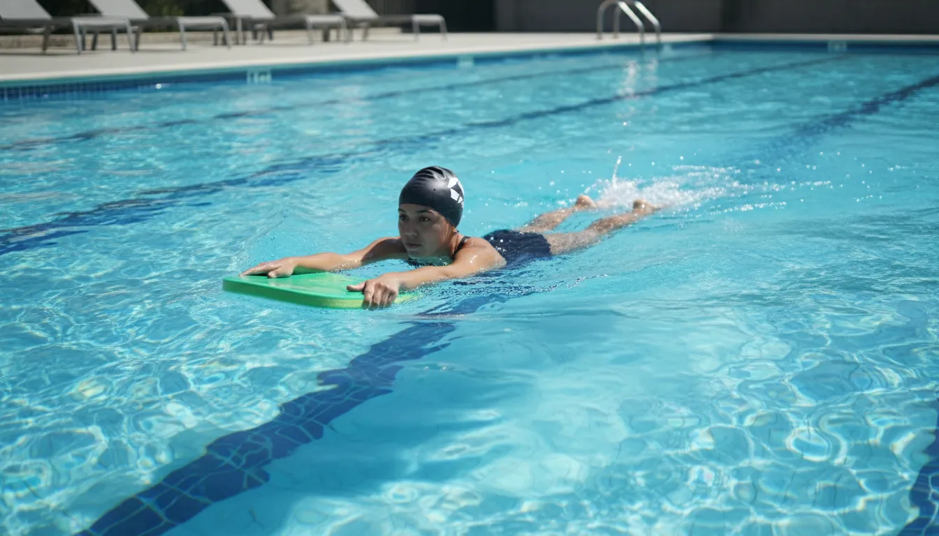 Swimmer using a kickboard in a pool with proper body alignment and hand position