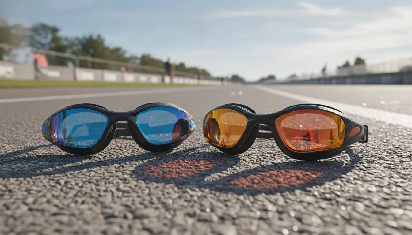 A competitive swimmer wearing tinted triathlon goggles with mirrored lenses on a bright sunny day