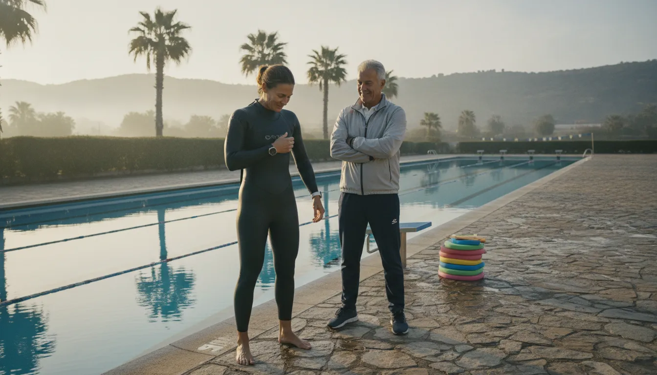 Triathlete checking shoulder mobility during a wetsuit fit test