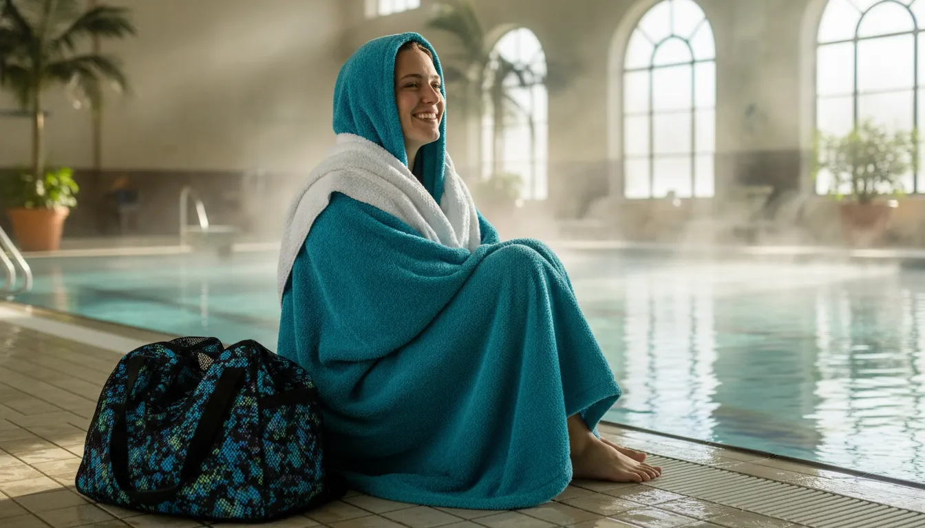 Woman swimmer wearing a plush hooded swim parka on the pool deck