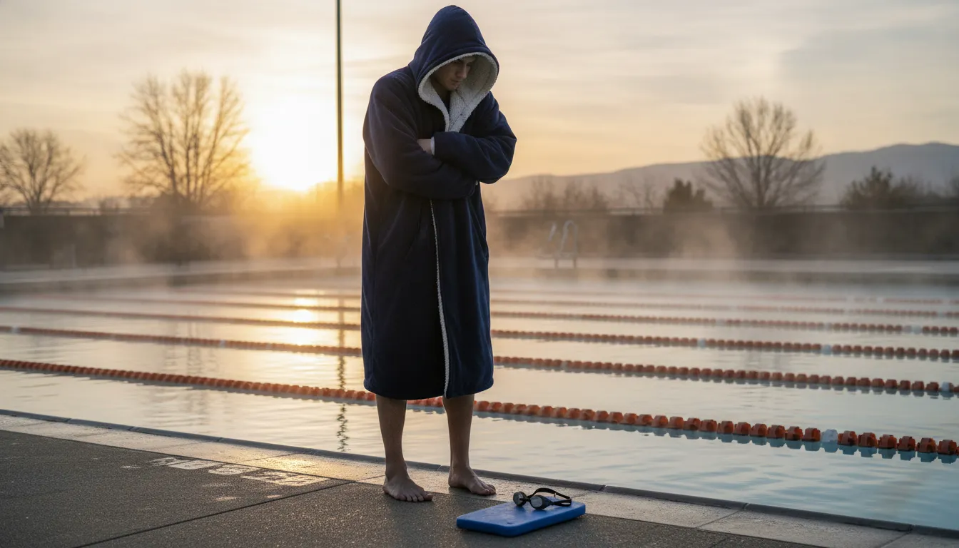 A competitive swimmer wearing a warm Speedo swim parka poolside after a race.