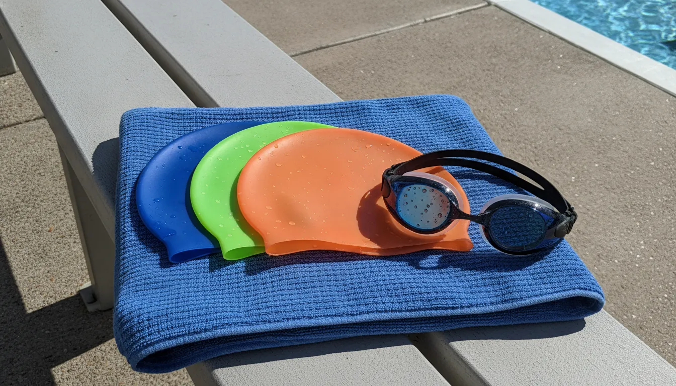 High-quality competitive swim goggles and extra silicone caps ready for a swim meet