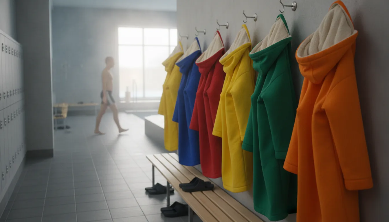 Colorful fleece-lined swim parkas hanging in a team locker area