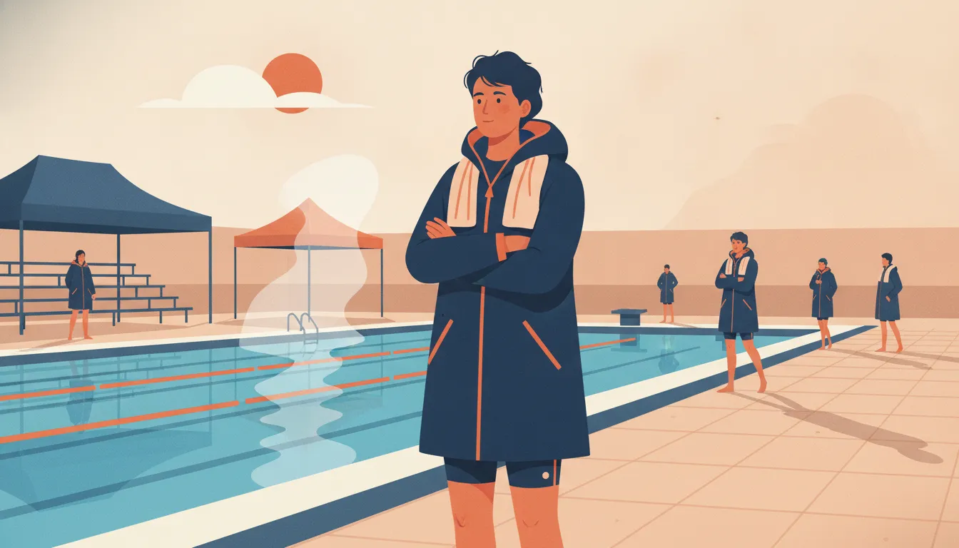 Swimmer wearing a hooded parka between swim meet events