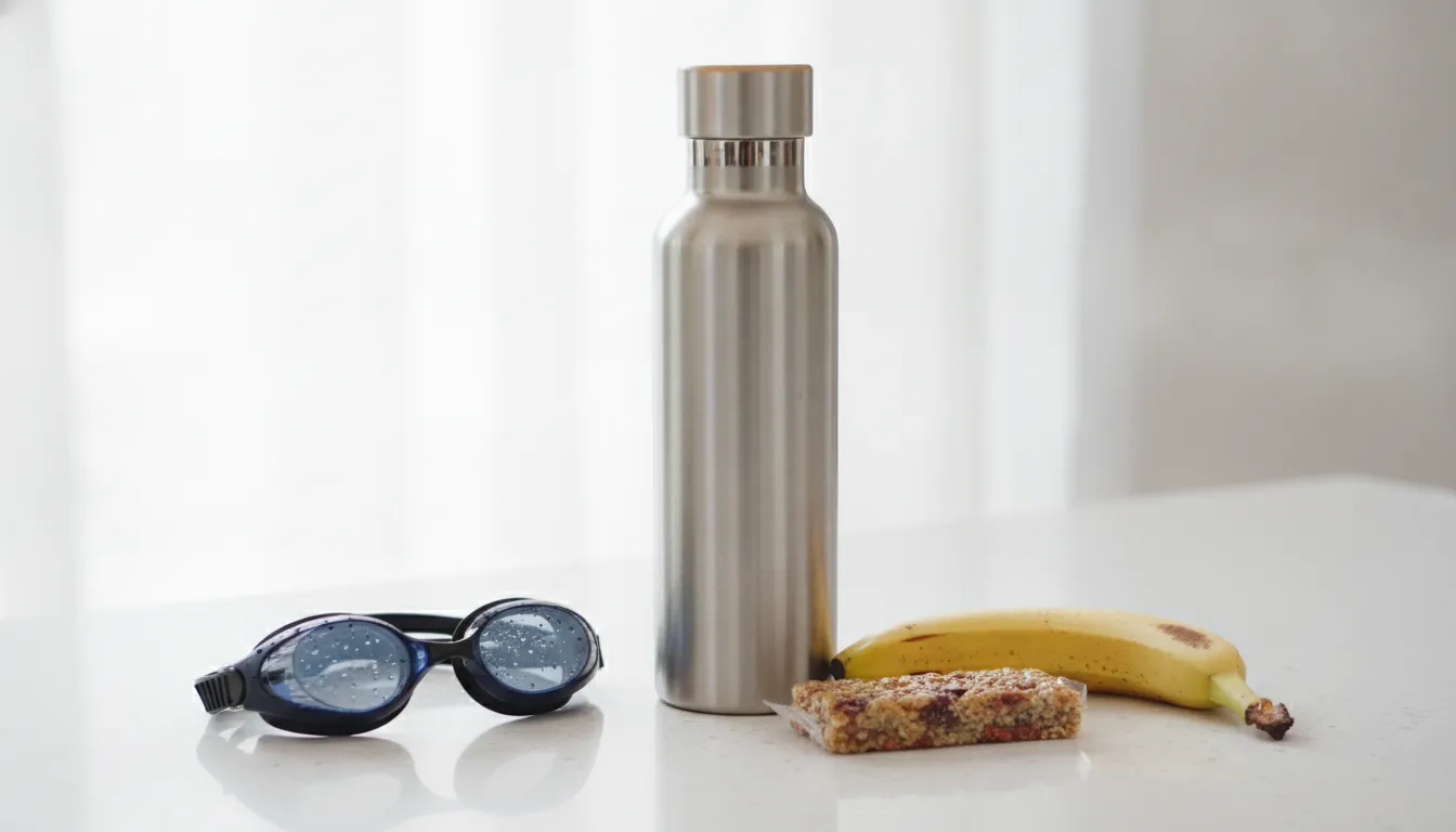 Healthy snacks including a banana and granola bar next to a water bottle on the pool deck