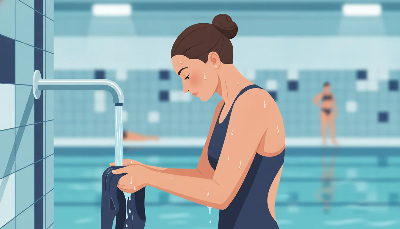 Swimmer carefully adjusting a women's tech suit before a race