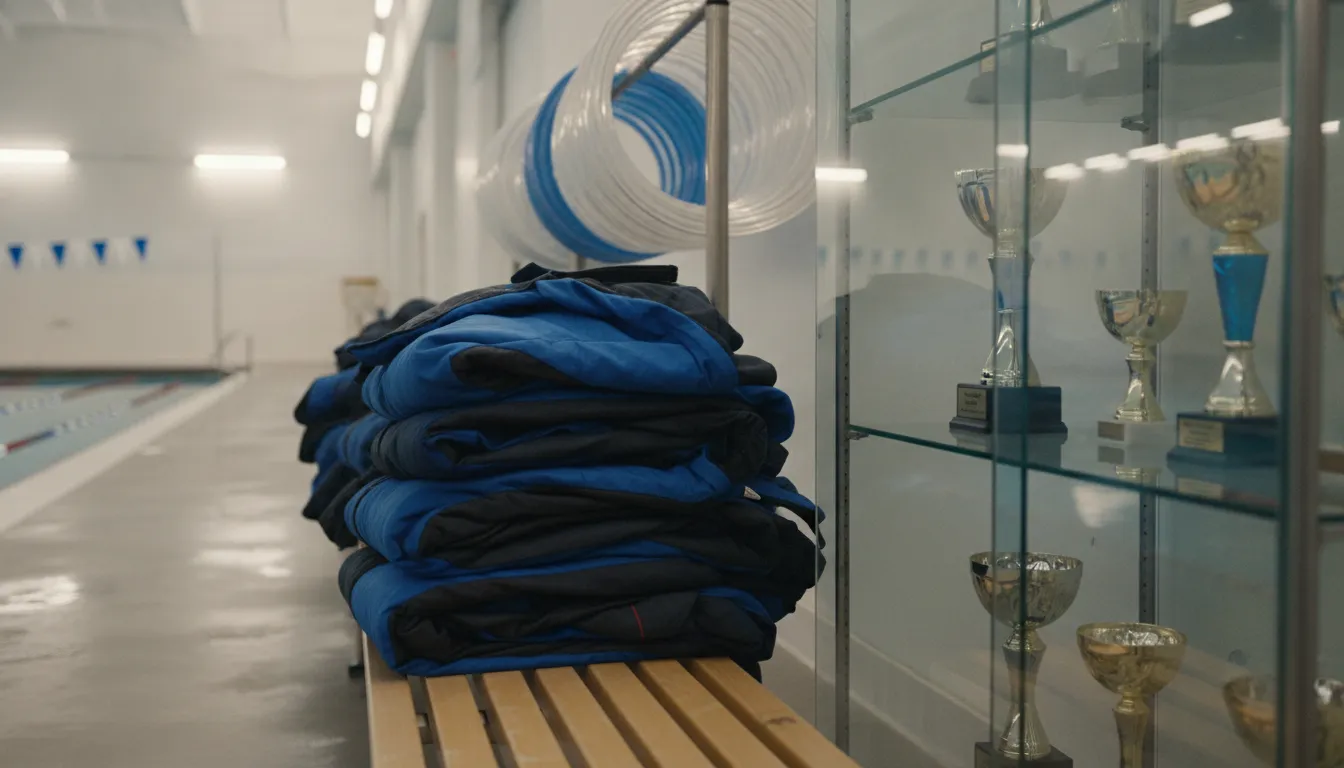 Folded Speedo team swim parkas in navy and black ready for a swim team on deck.