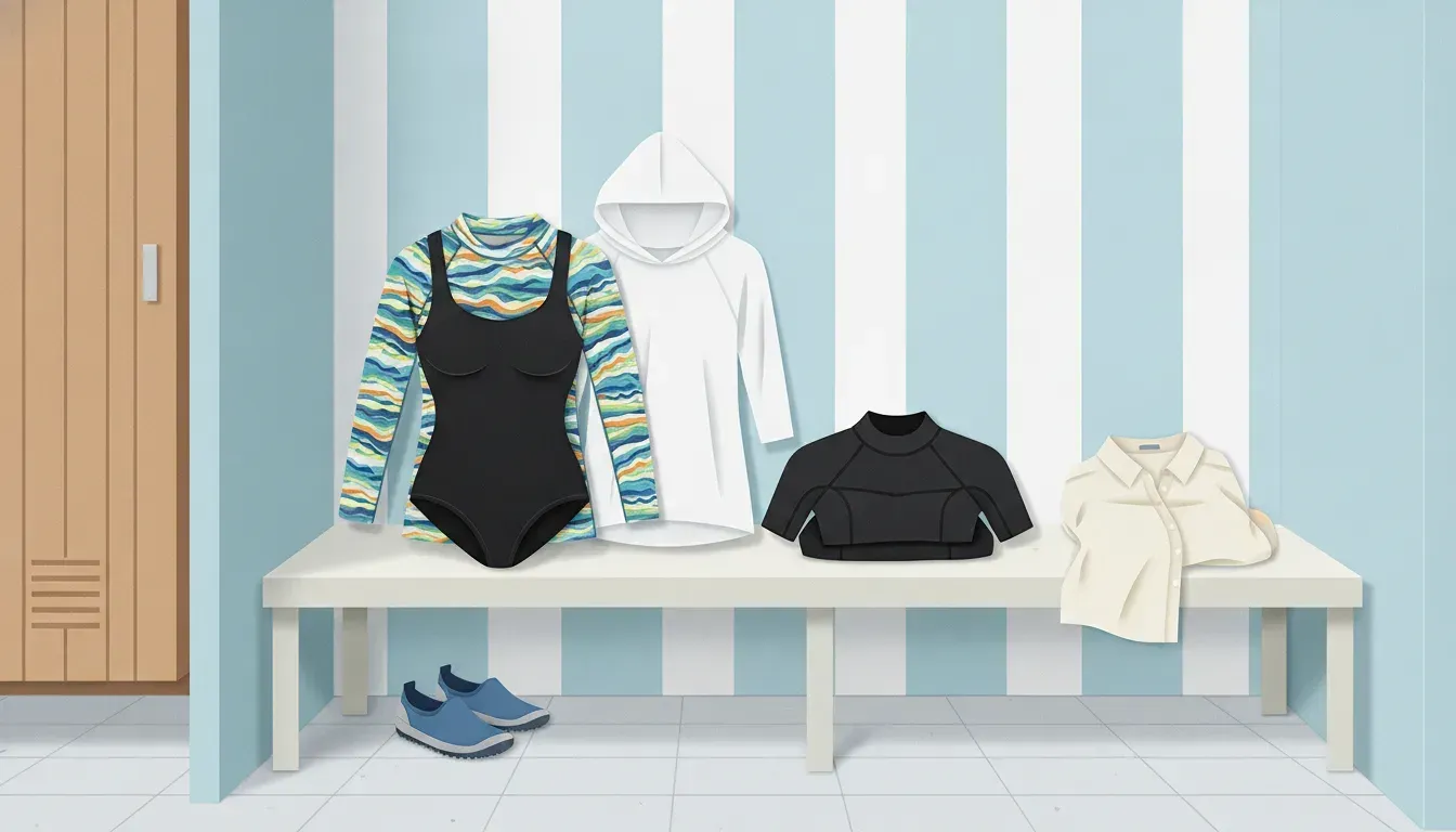 Illustrated water sports apparel layers including swimwear, rashguard, wetsuit top, coverup, and water shoes