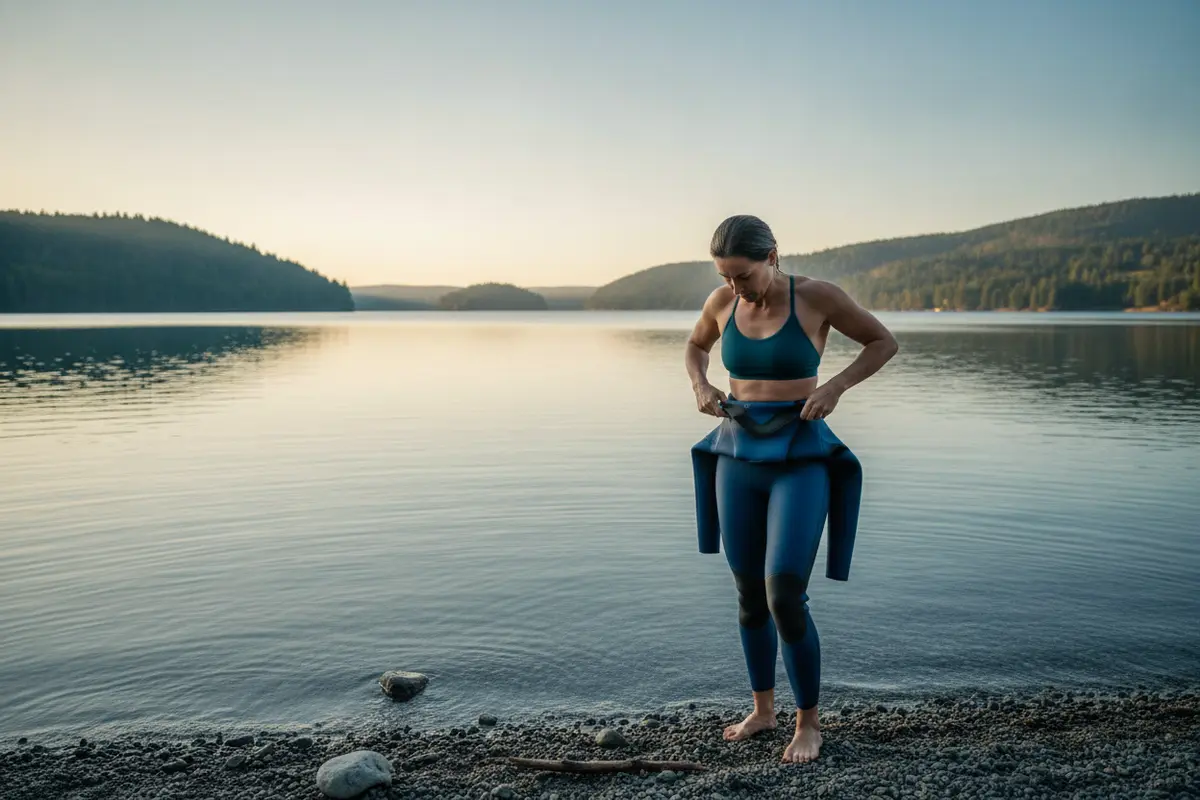 Open-water swimmer checking a close-fitting wetsuit and swimwear before entering the water