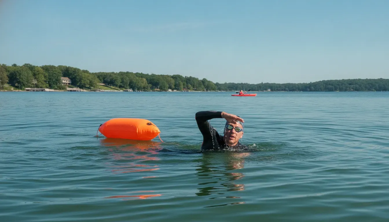 Open water swimmer practicing visibility with a bright tow float