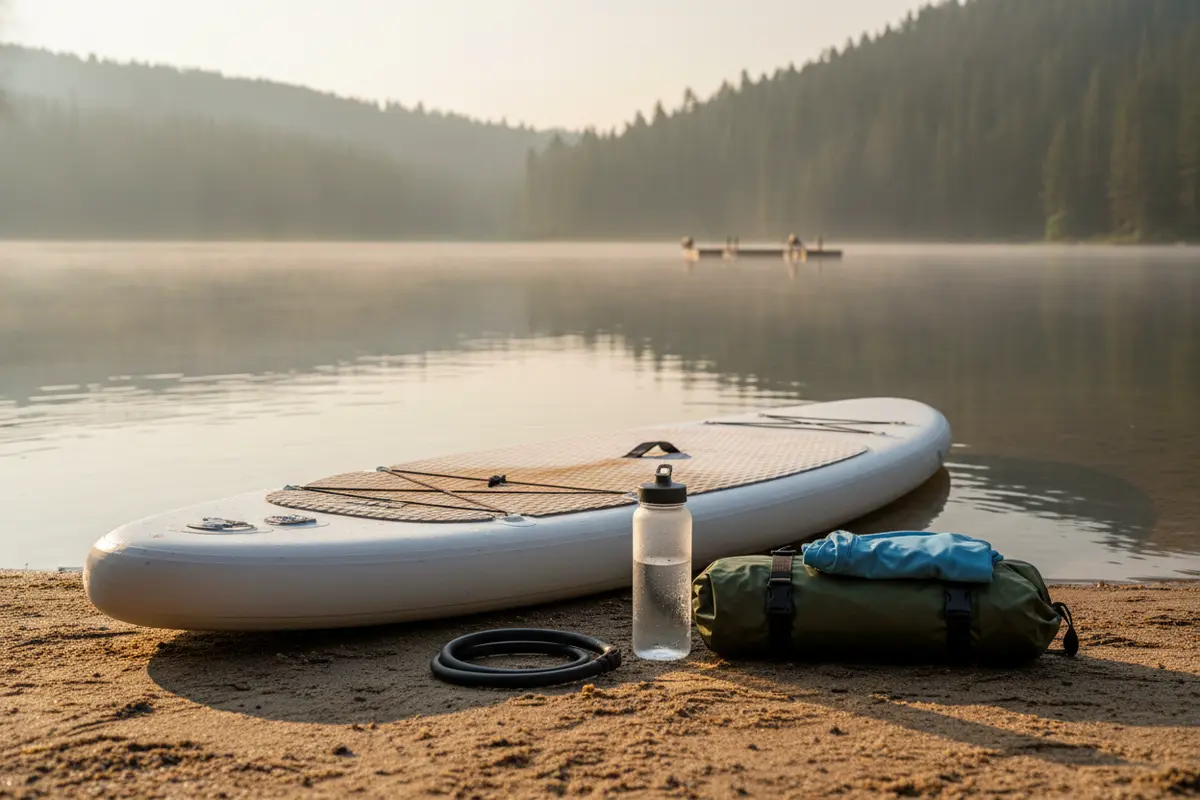 Paddle board and essential accessories arranged at a quiet shoreline launch