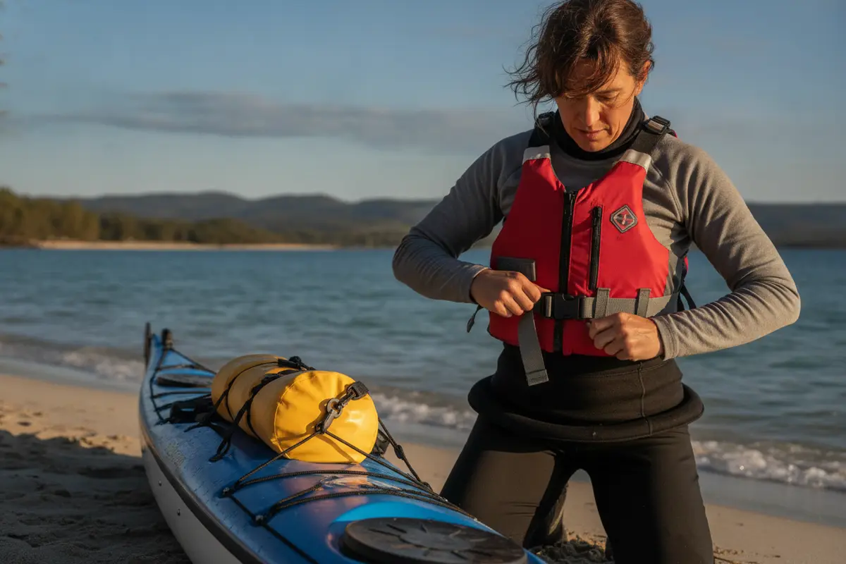 Paddler checking a fitted flotation vest and secured dry storage before launching a kayak