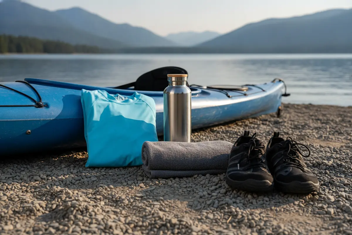 Paddler's sun-covering shirt, water bottle, towel, and footwear arranged beside a kayak