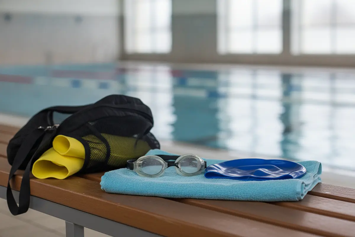 Poolside gift ideas including goggles, a swim cap, towel, mesh bag, and training fins