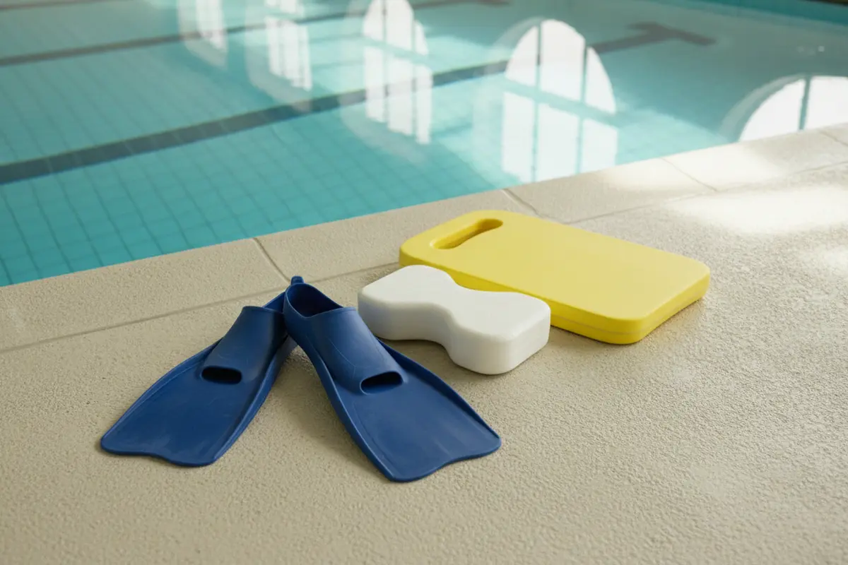 Swim fins, a kickboard, and a pull buoy set beside a pool as optional coached training aids