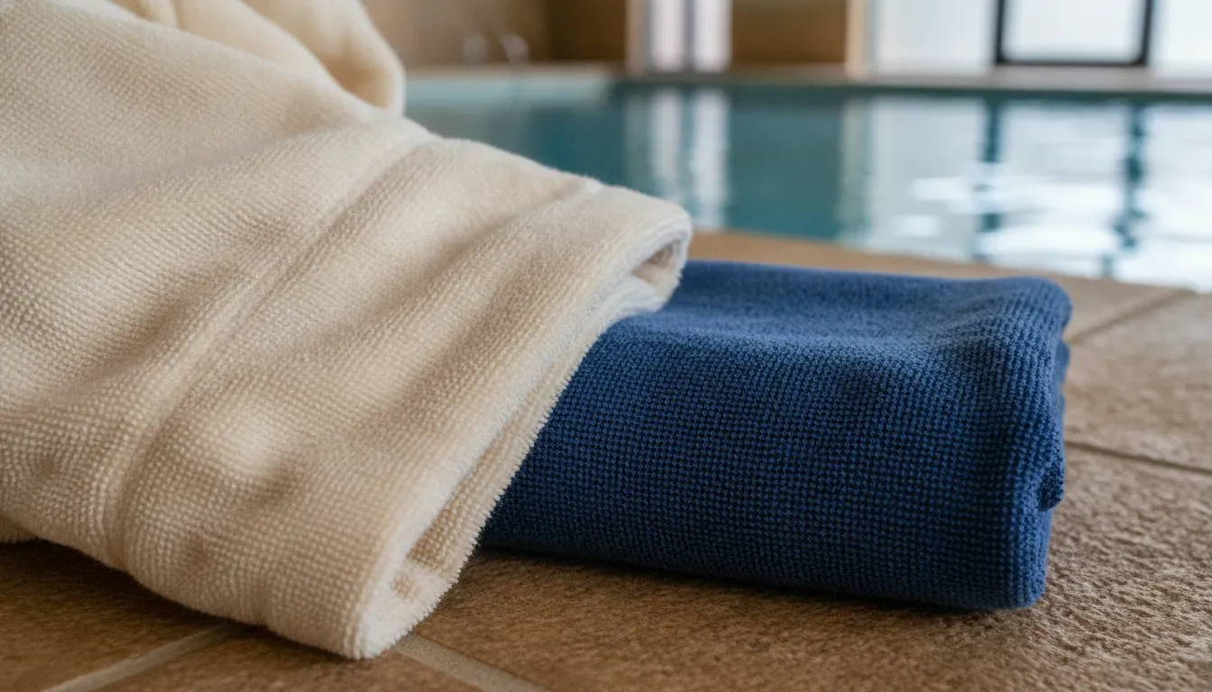 Swim robe fabric and folded swim towel shown beside an indoor pool
