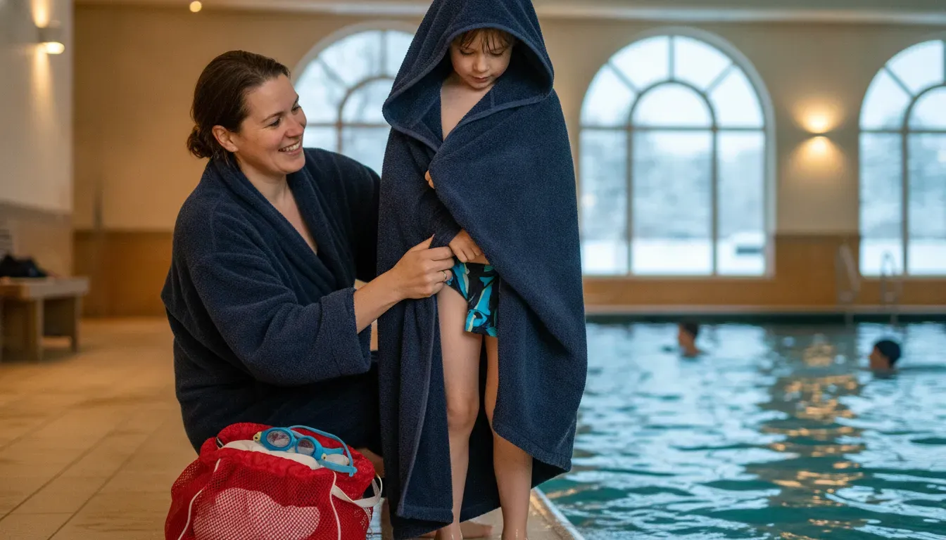 Child wearing a hooded swim robe beside an indoor swimming lesson pool