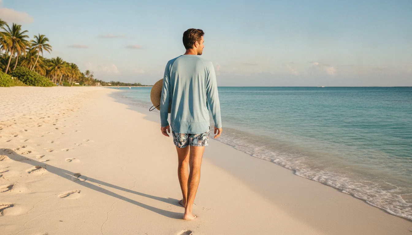 Loose relaxed fit swim shirt on a person walking along the beach