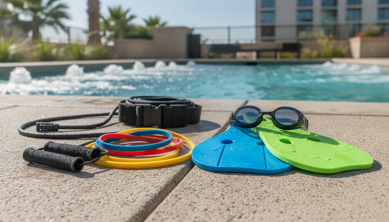 Swim spa training accessories including resistance bands swim paddles goggles and a swim belt